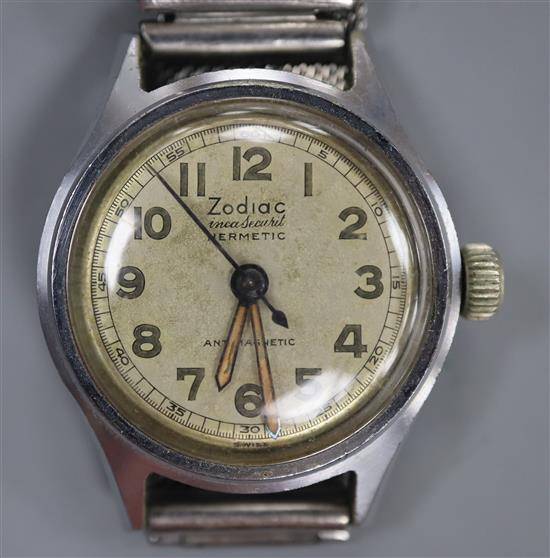 A 1940s? stainless steel Zodiac Inca Securit Hermetic manual wind boys size wrist watch, on mesh bracelet.